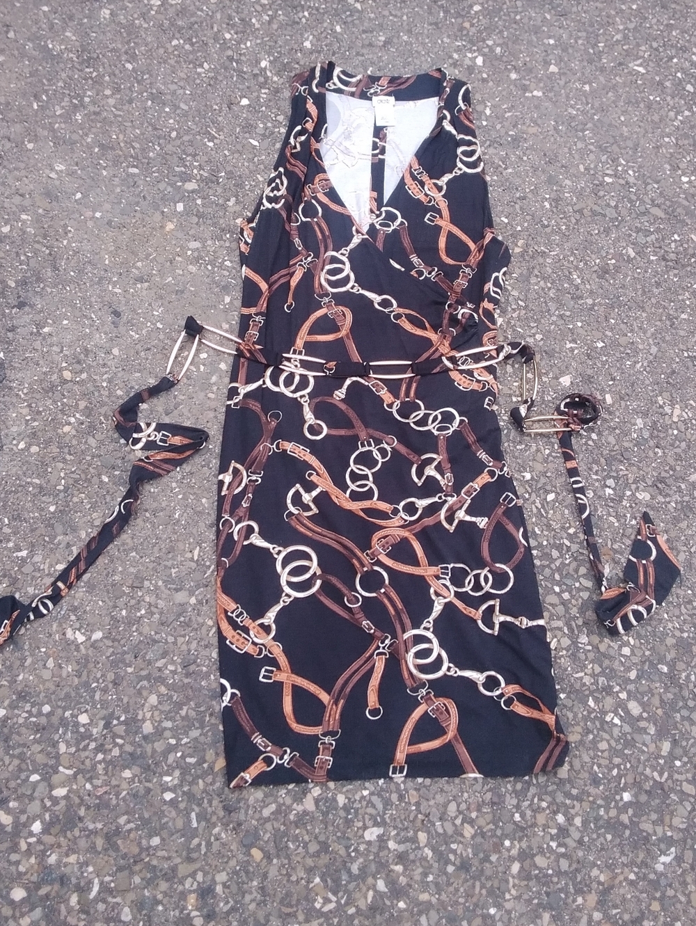 Vintage Cache Black Midi Wrap Dress Sash Belt Horse Bit Chain Print